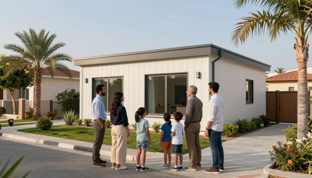 A serene residential neighborhood in Al-Shatei and Al-Rawdah, showcasing customer experiences with sandwich panel extensions. In the foreground, a diverse group of residents - a couple and a family with children - are inspecting their newly built sandwich panel extension, dressed in smart casual attire. The middle ground highlights a well-finished sandwich panel structure featuring large windows and modern design, demonstrating excellent thermal and acoustic insulation. Lush greenery and palm trees line the street, adding a touch of nature. In the background, a clear blue sky and soft sunlight illuminate the scene, creating a warm and inviting atmosphere. The image captures the joy and satisfaction of homeowners, emphasizing the aesthetic and functional benefits of sandwich panel extensions.