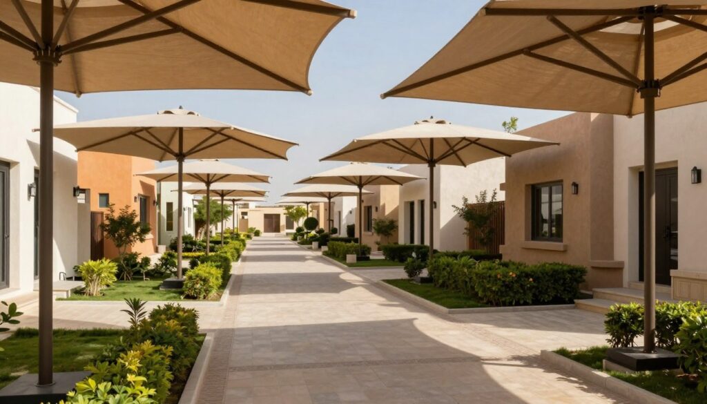 A serene residential pathway in a Saudi villa neighborhood featuring custom-built shade structures. In the foreground, elegantly designed, large umbrellas provide shade over a well-paved walkway, creating a calm and inviting atmosphere. The middle ground showcases neatly arranged rows of modern, colorful villas, each with manicured gardens, enhancing community aesthetics. The background includes a clear blue sky with soft, diffused sunlight filtering through the umbrella canopies, casting playful shadows on the ground. Opt for a slightly elevated angle to capture the inviting layout of the pathway and shades, emphasizing the connection between the homes. The mood is peaceful and secure, portraying a safe environment for families and children. No human figures are present, ensuring a focus on the structures and neighborhood design.