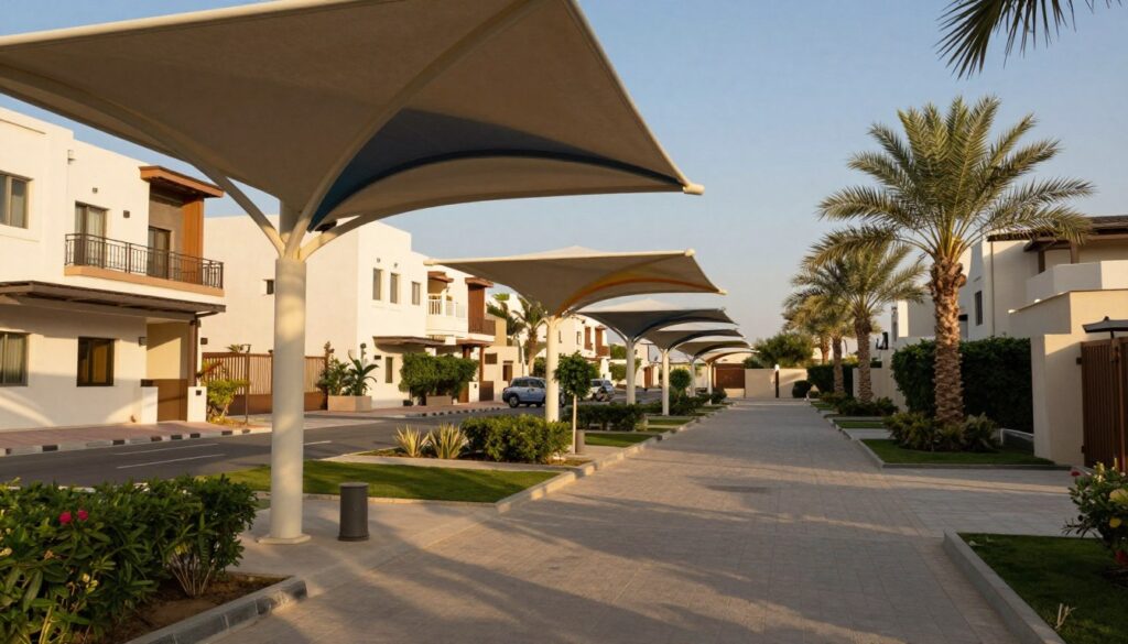 A serene residential pathway in a modern Saudi neighborhood, lined with custom shade structures providing shelter over walkways. In the foreground, a close-up view of well-constructed, stylish shade canopies, featuring elegant curves and vibrant colors, casting dappled shadows on the ground. In the middle ground, neatly arranged residential units, showcasing traditional and contemporary architectural styles, enhance the atmosphere of community and comfort. The background displays palm trees and blue skies, creating a warm, inviting environment. The scene is illuminated by soft, golden sunlight, giving an early evening ambiance. The overall mood is peaceful and secure, conveying a sense of luxury and safety in the residential area.