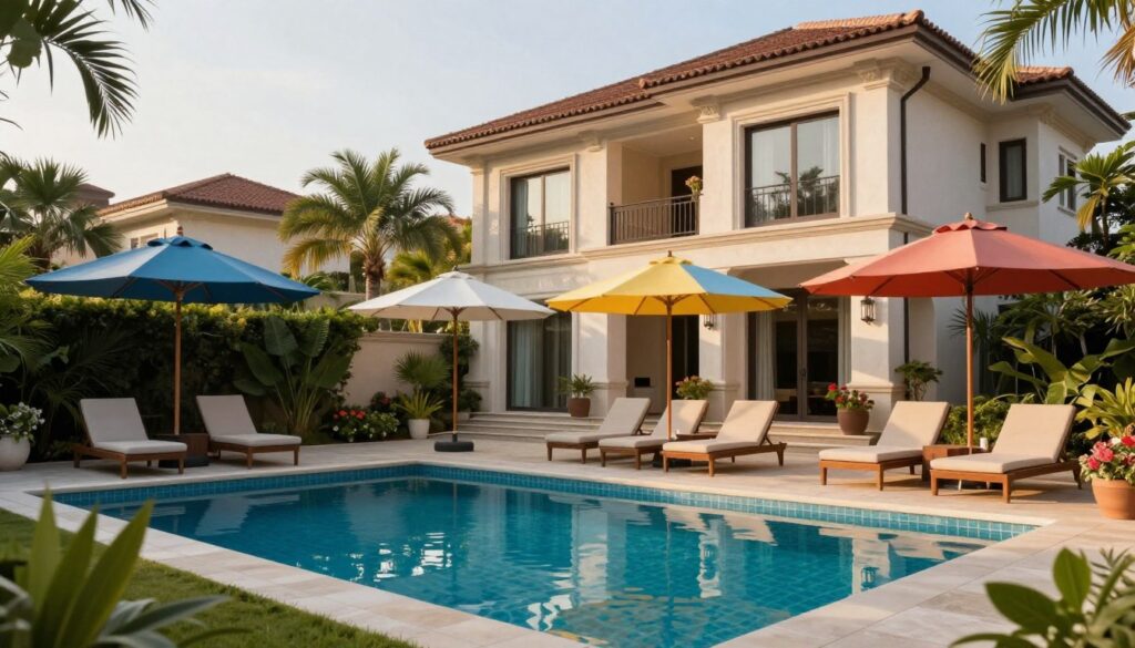 A serene residential villa pool scene showcasing the importance of pool umbrellas for privacy and safety. In the foreground, a beautifully designed pool is surrounded by elegant, custom-installed shade structures casting gentle shadows. The umbrellas are vibrant and varied in design, enhancing the aesthetic appeal while providing coverage. In the middle ground, lush landscaping with palm trees and flowering plants complements the setting, creating a tranquil atmosphere. In the background, a modern villa stands proudly, its architecture exuding a sense of luxury and comfort. The lighting is soft and warm, reminiscent of late afternoon sunlight, emphasizing the inviting nature of the scene. Capture the calm, luxurious mood that underscores the benefits of pool umbrellas in residential settings, without any human figures or text.