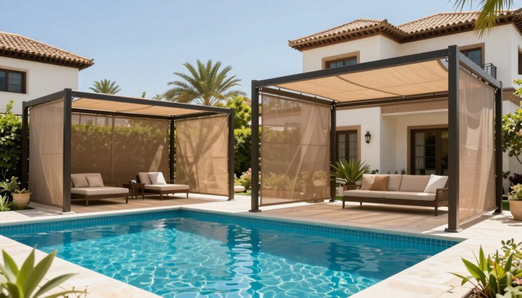 A serene scene showcasing a beautifully landscaped backyard of a luxurious villa in Cordoba or Granada, Saudi Arabia, featuring custom shade structures and privacy screens installed by the Eastern Shade and Canopy Company. In the foreground, elegant shade structures arch gracefully over a dazzling swimming pool, providing a cool retreat in the hot sun. The middle ground includes lush greenery and flowering shrubs, enhancing the atmosphere of tranquility and privacy. Sunlight filters through the shade, casting gentle patterns on the water's surface. In the background, stylish architectural elements of the villa are visible, along with a clear blue sky that adds to the charm. The overall mood is peaceful and inviting, perfect for family gatherings and leisure, emphasizing safety, comfort, and aesthetic beauty in outdoor spaces.