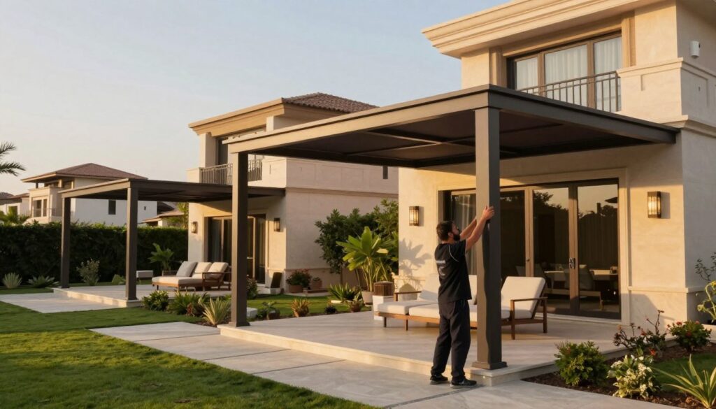 A serene scene showcasing professional installation of contemporary shade structures in a luxurious villa in the Al-Ghurnata neighborhood. In the foreground, a skilled technician dressed in professional attire carefully adjusts a sleek, modern shade structure over an elegantly landscaped garden. In the middle ground, several stylish shade canopies provide a beautiful contrast against the warm tones of the villa’s exterior. In the background, the neighborhood is visible with modern architecture and lush greenery, bathed in soft, golden afternoon sunlight. The atmosphere should convey elegance and professionalism, emphasizing the seamless blend of functionality and modern design in outdoor living spaces. Use a wide-angle lens perspective to capture the scale and intricacy of the installation.