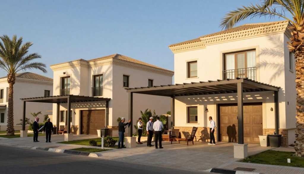 A serene scene showcasing the professional installation of custom shade structures in the residential neighborhoods of Granada and Cordoba in Al-Dammam, Eastern Province, Saudi Arabia. In the foreground, a team of workers in professional business attire is meticulously setting up modern, elegant shade structures that complement the architectural styles of the villas. The middle ground features beautifully designed houses, enhanced by the artistic play of shadows created by the newly installed shades. In the background, palm trees sway gently under a clear blue sky, casting a tranquil atmosphere. The warm afternoon sun bathes the scene in soft golden light, emphasizing the aesthetic integration of the shade structures with the surrounding environment. The overall mood is one of sophistication and harmony with nature.