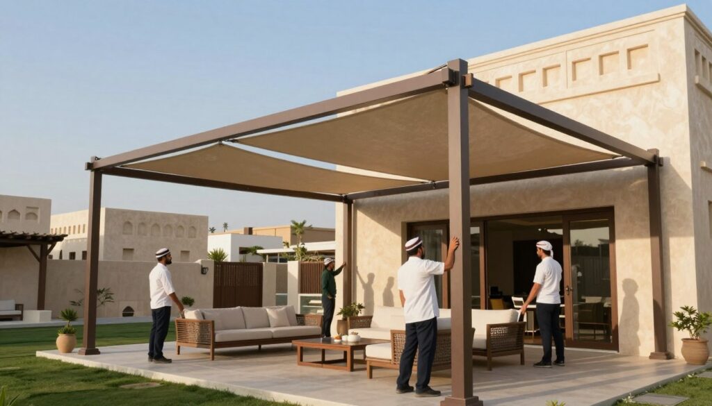 A serene setting showcasing a professional installation of custom shade structures in a Saudi villa located in حي المطار, الدمام. In the foreground, focus on expertly crafted, elegant shade sails and awnings made from high-quality materials, draping over a spacious outdoor patio area, inviting and well-furnished with comfortable seating. The middle ground captures a skilled team of installers in smart, professional attire, methodically adjusting and securing the shade structures, showcasing their craftsmanship and attention to detail. In the background, depict a picturesque Saudi neighborhood with traditional architectural styles under clear blue skies, casting soft, natural light that enhances the atmosphere of tranquility and professionalism. Aim for a balanced composition, highlighting the beauty and functionality of the shade structures in a warm, inviting ambiance.
