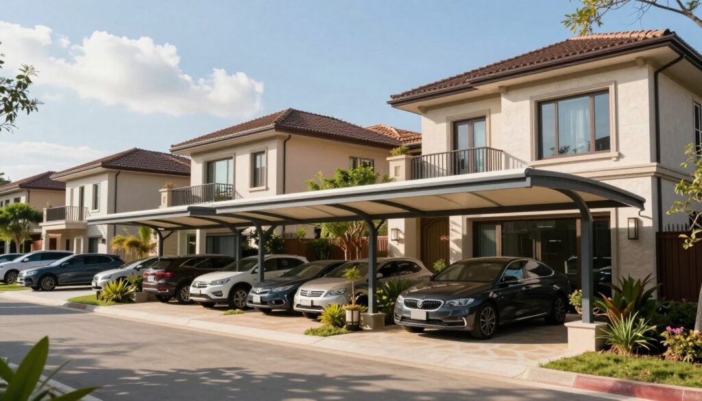 A serene suburban scene showcasing elegantly designed carports and shade structures adjacent to luxurious villas in a sunny neighborhood. In the foreground, a modern carport with a sleek, curved roof made of high-quality fabric, providing ample shade for parked vehicles. The middle ground features beautifully landscaped villas with contemporary architecture, large windows, and soft earth tones. The background displays a clear blue sky with gentle clouds, enhancing the tranquil atmosphere. Soft sunlight filters through the shade structures, casting intricate shadows on the ground, while decorative plants and trees add greenery. The overall mood is luxurious yet inviting, emphasizing the harmony between functionality and aesthetic appeal in outdoor living spaces.