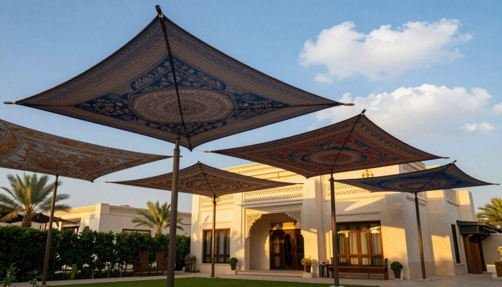 A series of elegant, artistic hanging shade structures designed for residential villas in Saudi Arabia. In the foreground, showcase multiple colorful shade canopies, intricately designed with patterns that complement traditional Arabic architecture. The middle ground features a luxurious villa with a garden, illuminated by warm, golden sunlight, casting soft shadows from the canopies above. The background displays a serene, clear blue sky with a few fluffy white clouds to create a tranquil atmosphere. Use a slightly angled perspective to emphasize the height and form of the hanging shades, capturing the unique details of their fabric and structure. The mood is inviting and aesthetic, showcasing how these installations enhance the beauty and functionality of outdoor spaces in upscale neighborhoods.