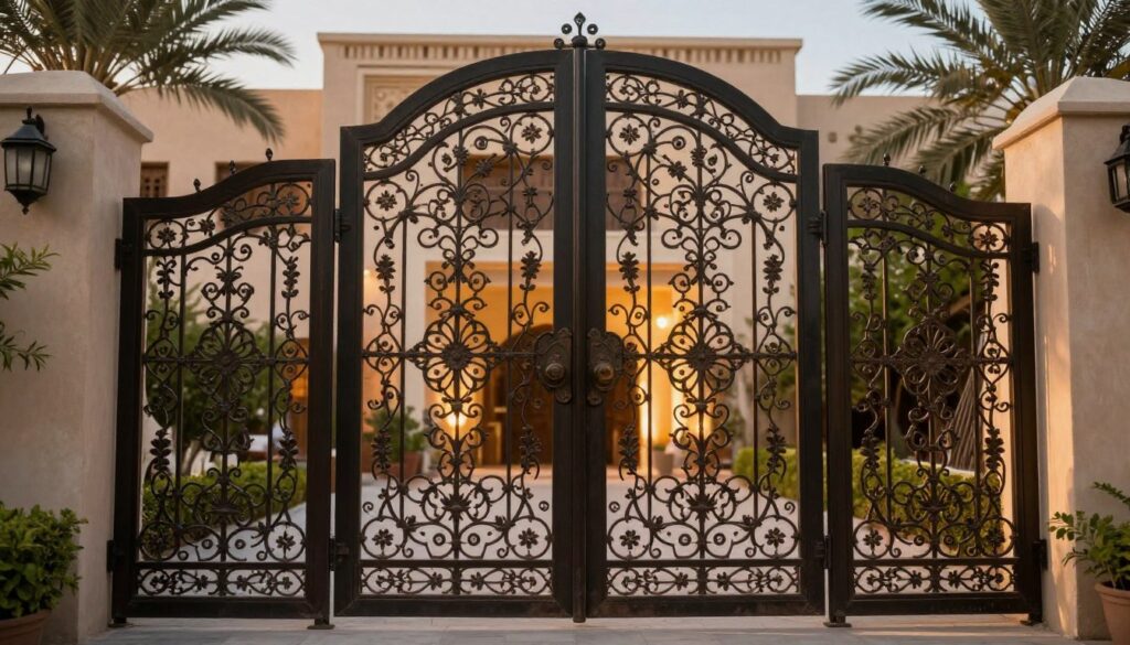 A series of ornate iron doors, showcasing intricate craftsmanship, stand prominently in the foreground. The doors are richly detailed with floral motifs and geometric patterns, demonstrating the artistry of metalworking. Behind the doors, a picturesque setting reveals a Saudi villa with traditional architecture. The lighting is warm and inviting, casting soft shadows that highlight the textures of the ironwork. The scene is captured from a low angle, giving a sense of grandeur to the imposing doors. Surrounding plants and subtle Middle Eastern architectural elements create a harmonious backdrop. The atmosphere conveys a sense of elegance and security, emphasizing the artistry and practical benefits of metal craftsmanship in modern living spaces.