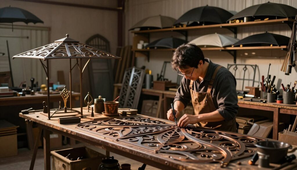 A skilled artisan engaged in artistic metalworking, depicted in a workshop filled with tools and materials. In the foreground, the artisan, dressed in professional work attire, is crafting intricate designs for outdoor canopies. The middle ground features various metal structures and artistic pieces, showcasing the elegance and detail of the craftsmanship. In the background, shelves are lined with finished canopies and car shades, indicating the scale of the operations. The lighting is warm and inviting, illuminating the metal surfaces and casting dramatic shadows that highlight the textures. The atmosphere is focused and industrious, reflecting a dedication to quality and artistry in outdoor shade solutions.