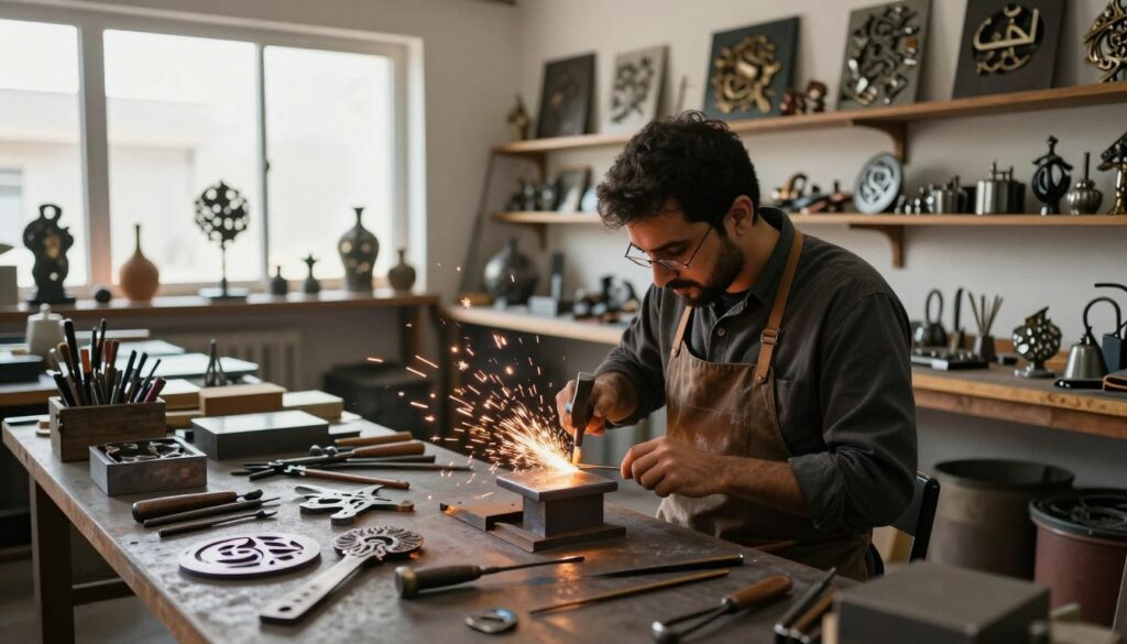 A skilled artisan engaged in detailed metalworking, showcasing the art of "الحدادة الفنية". The foreground features the artist, dressed in professional attire, meticulously shaping iron with precise tools, sparks flying as metal meets hammer. The middle ground reveals a well-organized workshop filled with various tools, materials, and artistic metal creations. In the background, there are shelves lined with completed projects and a natural light source illuminating the space through large windows, creating dynamic shadows. The overall mood is one of creativity and craftsmanship, blending the industrious atmosphere of a modern workshop with the elegance of artistic metalwork. The composition uses a wide-angle lens to emphasize the breadth of the workspace, highlighting the intricate details of the metal pieces in focus.