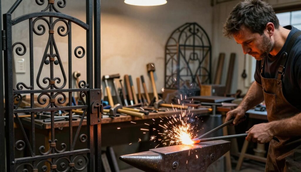 A skilled artisan in a workshop is creating exquisite artistic ironwork, showcasing the intricate details of handcrafted gates and decorative elements. In the foreground, a blacksmith is focused on forging steel, images of sparks flying from a glowing anvil illuminated by warm overhead lighting. The middle ground features various tools and equipment, such as hammers and chisels, arranged neatly, highlighting the craftsmanship involved. In the background, there are partially finished iron structures, showcasing a blend of modern design and traditional techniques. The atmosphere is one of creativity and dedication, emphasizing the mastery of the craft. Use a close-up angle to capture the textures of the metal and the intensity in the artisan's expression, ensuring the scene conveys a sense of pride in their work. The overall mood should feel inspiring and industrious, with soft shadows playing over the surfaces to enhance depth.