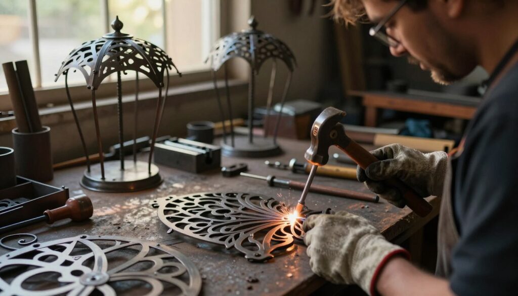 A skilled artisan working meticulously on artistic metalwork, showcasing a variety of intricate iron designs and custom canopies. In the foreground, a close-up view captures the artisan's hands, wearing protective gloves, carefully maneuvering tools like a welding torch and hammer against a partially finished ornate metal structure. The middle ground features a well-organized workshop with various metal pieces and tools in use, under warm, ambient lighting that highlights the texture of the metals. In the background, sunlight filters through large windows, casting soft shadows and illuminating the workspace, which hints at an industrial yet artistic atmosphere. The overall mood is one of craftsmanship and dedication, emphasizing the beauty and skill in metalwork.