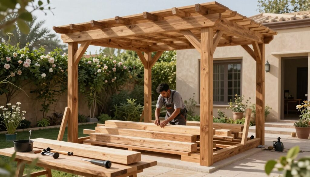 A skilled artisan working on the construction of a wooden pergola, showcasing detailed craftsmanship with fine wood textures. In the foreground, various woodworking tools and freshly cut timber pieces are arranged neatly. The middle ground features the artisan, dressed in professional work attire, carefully assembling the pergola structure with precision. The background highlights a serene Saudi villa garden, lush greenery intertwined with delicate flowers, emphasizing harmony with nature. Soft, natural lighting illuminates the scene, casting gentle shadows that enhance the wood's natural grain. The atmosphere is warm and inviting, portraying the beauty and tranquility that a well-designed wooden pergola brings to an outdoor space. No text or watermarks are present.