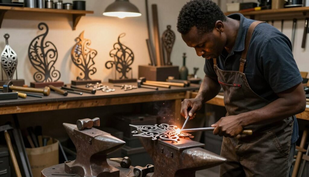 A skilled blacksmith creating intricate metalwork designs in a workshop, showcasing artistic craftsmanship in the foreground. The artisan, dressed in a professional outfit, is focused on shaping metal into decorative elements, surrounded by tools like hammers, anvils, and metal rods. In the middle ground, various finished metal pieces are displayed, highlighting details like elegant curves and intricate patterns. The background features a well-organized workspace with warm ambient lighting that creates a cozy, industrious atmosphere. The scene captures the dedication and artistry of blacksmithing, emphasizing the beauty and precision of the craft, with a focus on craftsmanship and creativity.