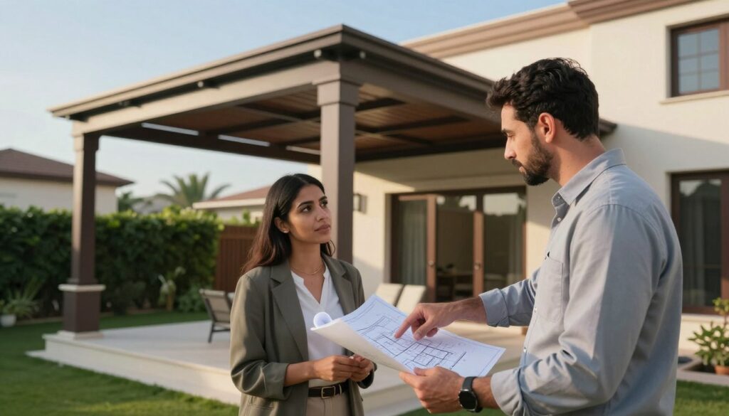 A skilled contractor and a client discussing the installation of custom shade structures in a vibrant Saudi villa setting. In the foreground, a professional man, dressed in business attire, points to a design blueprint, while a woman in modest casual clothing listens attentively. In the middle, a partially constructed shade structure is visible, showcasing its modern design and high-quality materials. The background features a picturesque villa with lush greenery and a clear blue sky. Soft, warm lighting enhances the scene, creating an inviting and professional atmosphere. The angle captures the interaction, emphasizing the importance of local contracting in enhancing residential spaces.