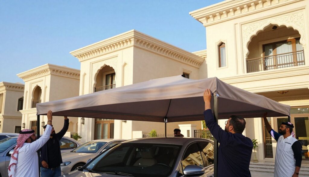 A skilled team of professionals installing custom car shades and outdoor canopies for luxurious villas in Saudi Arabia. In the foreground, focus on the team members in business attire carefully positioning a large, elegant canopy over a parked car. The middle ground showcases the beautifully designed villas with intricate architecture, featuring arched windows and ornate details. In the background, a clear blue sky enhances the vibrant colors of the scene, while the sun casts soft, warm lighting, creating a welcoming atmosphere. The angle should capture both the action of the installation and the tranquil environment of the upscale neighborhood, highlighting the blend of functionality and aesthetics in the design.