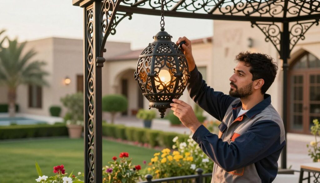 A skilled technician is carefully inspecting a beautifully crafted iron shade structure, showcasing intricate wrought iron designs, set in a serene garden context. The technician, dressed in professional work attire, uses tools to ensure the durability and aesthetic appeal of the shade structure. The foreground captures the technician's focused expression and the detailed pattern of the ironwork. In the middle ground, vibrant flowers and lush green plants enhance the garden's ambience. The background features a soft-focus view of a warm, inviting Saudi villa, bathed in golden afternoon light, creating a calm and professional atmosphere. The image should emphasize the elegance and maintenance of wrought iron shading structures, without any text or distractions. A skilled technician is carefully inspecting a beautifully crafted iron shade structure, showcasing intricate wrought iron designs, set in a serene garden context. The technician, dressed in professional work attire, uses tools to ensure the durability and aesthetic appeal of the shade structure. The foreground captures the technician's focused expression and the detailed pattern of the ironwork. In the middle ground, vibrant flowers and lush green plants enhance the garden's ambience. The background features a soft-focus view of a warm, inviting Saudi villa, bathed in golden afternoon light, creating a calm and professional atmosphere. The image should emphasize the elegance and maintenance of wrought iron shading structures, without any text or distractions.