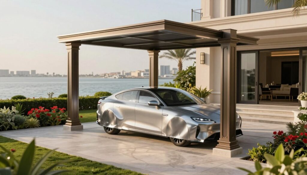 A sleek and modern image featuring metallic car shades installed at a luxurious villa in Dammam, showcasing their practical design and elegance. In the foreground, focus on a stylish, polished metallic car shade structure with intricate detailing, casting soft shadows on the ground. The middle ground includes a well-manicured garden with vibrant flora, surrounding the shade structure, enhancing the luxury feel. In the background, a serene view of the corniche is visible, complementing the tranquil atmosphere. Soft, natural lighting illuminates the scene, with a slight golden hour glow, creating a warm and inviting mood. The angle captures both the elegance of the shade structures and the beauty of their surroundings, ensuring the image resonates with professionalism and sophistication.