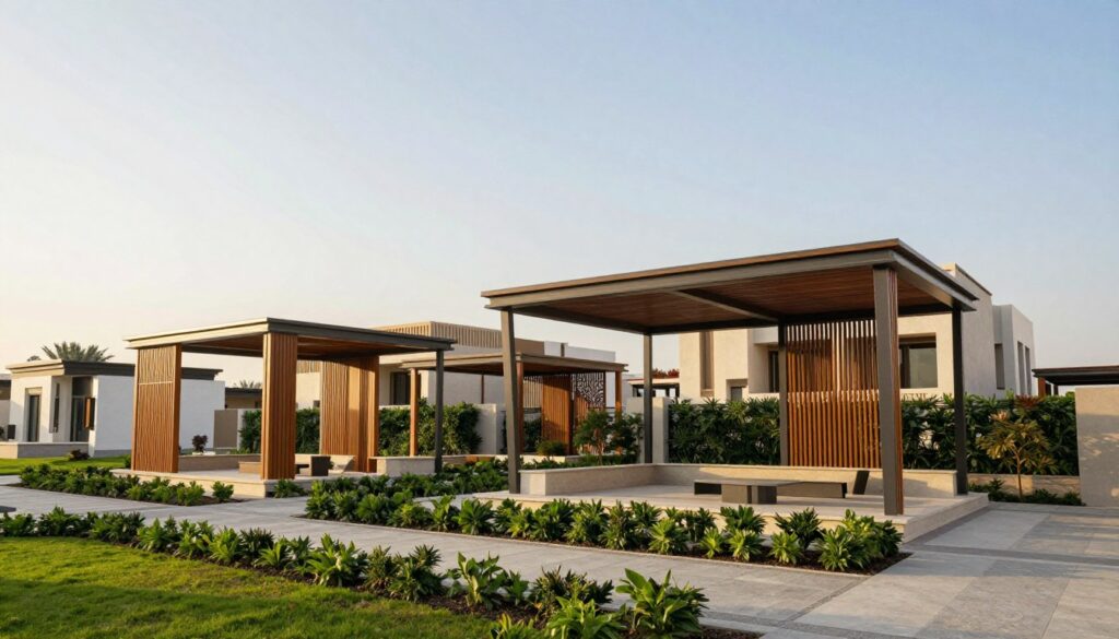 A striking image showcasing innovative shade structures installed in upscale residential areas of Al-Nuzhah and Al-Murayqibat, Dammam. In the foreground, there are elegant, custom-designed shade structures that seamlessly blend with modern villa architecture, featuring a variety of materials like wood and metal, with intricate patterns. The middle ground highlights lush greenery and landscaped gardens, enhancing the overall sophistication of the environment. In the background, the typical architecture of the neighborhood can be seen, showcasing contemporary Saudi design. The scene is bathed in warm, golden sunlight, creating a serene and inviting atmosphere. The angle captures a slight upward view, emphasizing the height and elegance of the installations while ensuring no text or watermarks are present.