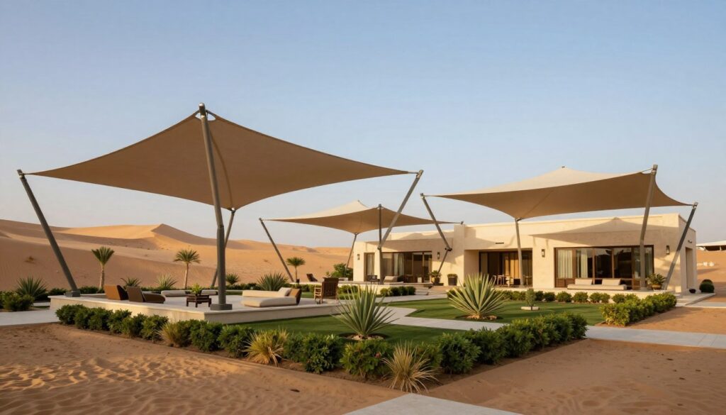 A striking image showcasing various custom shade structures installed around a luxurious villa in Saudi Arabia. In the foreground, display durable fabric canopies, styled as elegant s遮téra, designed to withstand harsh desert climates. The middle ground features a well-manicured garden area beneath these structures, filled with native plants demonstrating adaptation to the arid environment. In the background, distant sand dunes and a clear blue sky emphasize the impact of climate on the choice of materials. Capture soft, warm sunlight illuminating the scene, casting gentle shadows, with a focus on textures and colors that convey resilience and elegance. The atmosphere should embody a harmonious blend of nature and architecture, showcasing professional installation and high-quality craftsmanship.