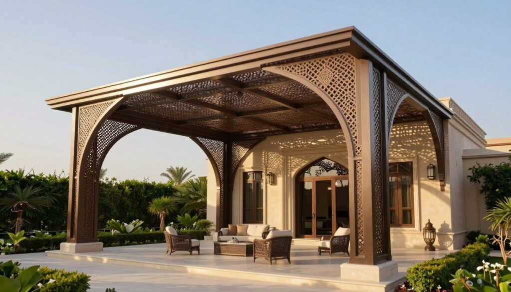A stunning architectural design of custom laser arc shade structures, prominently displayed in a luxurious Arab villa setting. In the foreground, showcase a gracefully curved laser arc canopy, made from high-quality materials that glisten under the warm Eastern Region sun. The middle ground features the elegantly landscaped garden of a villa in Hay Al-Jawhara, with lush greenery and artfully arranged outdoor furniture, creating an inviting atmosphere. In the background, soft, expansive blue skies enhance the serene mood of the scene. Use soft, natural lighting to highlight the textures and colors of the shade structure, while capturing the architectural elegance and craftsmanship. The angle should give a sense of scale and sophistication, making the shade structures the focal point of the image, without any human presence or additional distractions.