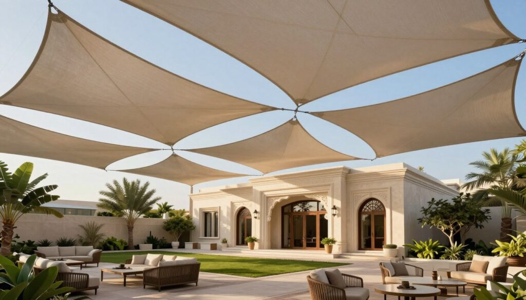A stunning architectural rendering of suspended shade structures, featuring artistic designs that enhance the aesthetic value of buildings in a modern Saudi Arabian setting. In the foreground, showcase a close-up of intricately designed fabric canopies, elegantly suspended over a spacious terrace adorned with tasteful furniture. In the middle, depict a beautiful villa with an elegant façade, surrounded by lush greenery, reflecting the harmonious integration of nature and architecture. In the background, a clear blue sky with soft, warm sunlight illuminating the scene, creating a serene atmosphere. Capture the mood of tranquility and beauty, focusing on the details of the shade structures and their stylish impact on the villa's overall design.