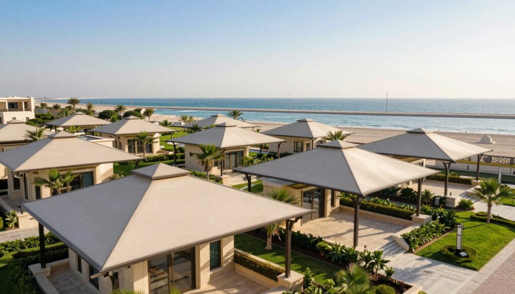 A stunning image depicting a series of elegant pyramid-shaped shade structures installed over luxurious villas in the neighborhoods of Al-Saif and Al-Ghernata, highlighting a unique architectural touch along the picturesque Corniche of Dammam. In the foreground, showcase the intricate designs of the pyramid shades, featuring smooth lines and modern materials, casting delicate shadows on the ground. In the middle ground, lush greenery surrounds the villas, with inviting pathways leading up to the homes. The background reveals a serene view of the Corniche, with gentle waves sparkling under soft, warm sunlight. Add a clear blue sky to enhance the bright and uplifting atmosphere, while ensuring a cohesive and harmonious composition. The overall mood is peaceful and sophisticated, accurately representing the high-end residential atmosphere. A stunning image depicting a series of elegant pyramid-shaped shade structures installed over luxurious villas in the neighborhoods of Al-Saif and Al-Ghernata, highlighting a unique architectural touch along the picturesque Corniche of Dammam. In the foreground, showcase the intricate designs of the pyramid shades, featuring smooth lines and modern materials, casting delicate shadows on the ground. In the middle ground, lush greenery surrounds the villas, with inviting pathways leading up to the homes. The background reveals a serene view of the Corniche, with gentle waves sparkling under soft, warm sunlight. Add a clear blue sky to enhance the bright and uplifting atmosphere, while ensuring a cohesive and harmonious composition. The overall mood is peaceful and sophisticated, accurately representing the high-end residential atmosphere.