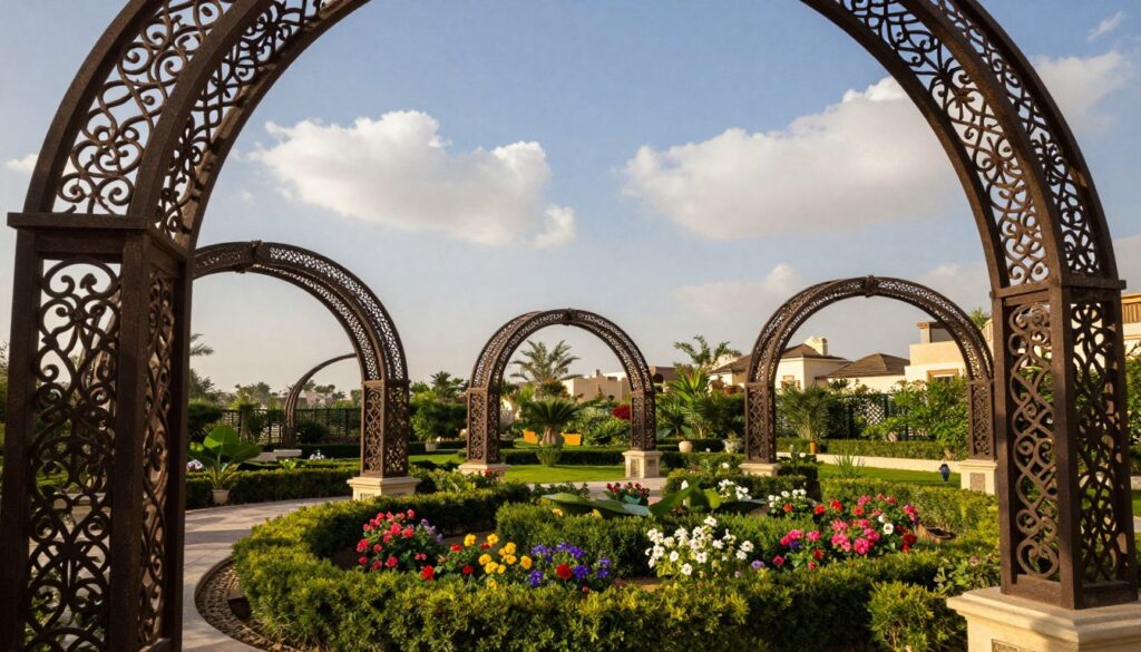 A stunning image of intricately designed wrought iron shade structures, elegantly arching over a lush garden in a Saudi villa. In the foreground, showcase detailed close-ups of the ornate patterns of the ironwork, highlighting the craftsmanship and texture. The middle ground features the shade structures, casting delicate shadows on the vibrant flowers and manicured hedges beneath. In the background, depict a clear blue sky with soft fluffy clouds, and the silhouette of neighboring villas hinting at an upscale residential area. Use warm, natural lighting to enhance the inviting atmosphere, and a wide-angle perspective to capture the expansive beauty of the garden setting, evoking a mood of tranquility and refined elegance. The image should be devoid of any text or watermarks. A stunning image of intricately designed wrought iron shade structures, elegantly arching over a lush garden in a Saudi villa. In the foreground, showcase detailed close-ups of the ornate patterns of the ironwork, highlighting the craftsmanship and texture. The middle ground features the shade structures, casting delicate shadows on the vibrant flowers and manicured hedges beneath. In the background, depict a clear blue sky with soft fluffy clouds, and the silhouette of neighboring villas hinting at an upscale residential area. Use warm, natural lighting to enhance the inviting atmosphere, and a wide-angle perspective to capture the expansive beauty of the garden setting, evoking a mood of tranquility and refined elegance. The image should be devoid of any text or watermarks.