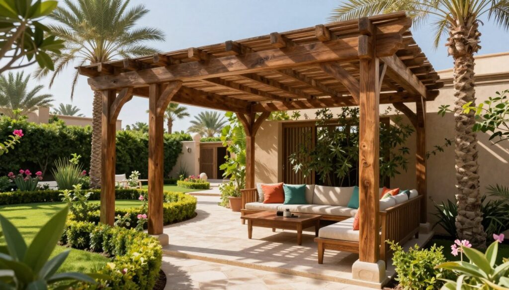 A stunning natural wooden pergola, intricately designed, nestled in the lush gardens of a Saudi villa. In the foreground, rich, textured wooden beams form a cozy, shaded seating area adorned with vibrant cushions and surrounded by flourishing greenery. In the middle, the pergola casts playful shadows on a stone pathway, inviting viewers to explore further. The background features a peaceful garden scene with blooming flowers and palm trees under a clear blue sky, emphasizing the harmony of nature and architecture. The warm sunlight filters through the pergola, creating a soft, inviting glow. Capture this serene atmosphere from a slightly elevated angle to highlight the relationship between the structure and its surroundings, evoking a sense of tranquility and elegance.