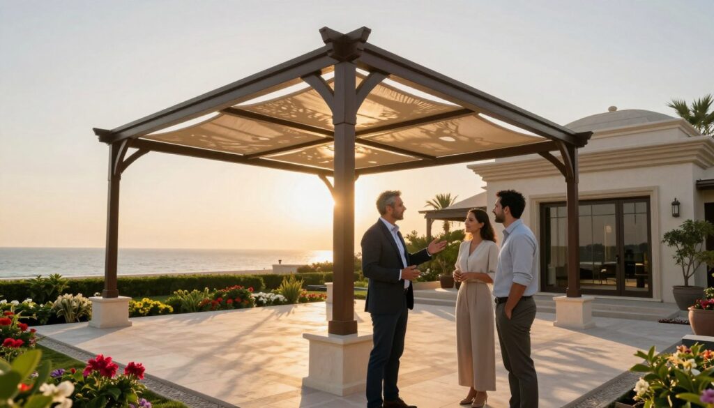 A stunning outdoor scene featuring a beautifully designed triangular shade structure, elegantly installed above a luxurious Saudi villa patio. In the foreground, a professional consultant dressed in smart casual attire discusses the shade installation with a couple, gesturing towards the intricate canopy. The middle ground showcases the unique architectural brilliance of the canopy, casting playful shadows on the floor, complemented by meticulously landscaped gardens with vibrant flowers. In the background, there's a glimpse of the serene coastal view of the Corniche in Dammam, with a soft sunset glow that bathes the scene in warm, inviting light. The atmosphere is inviting and professional, suggesting an expert consultation experience for homeowners seeking shade solutions. No text or logos are present, ensuring a clean and polished image. A stunning outdoor scene featuring a beautifully designed triangular shade structure, elegantly installed above a luxurious Saudi villa patio. In the foreground, a professional consultant dressed in smart casual attire discusses the shade installation with a couple, gesturing towards the intricate canopy. The middle ground showcases the unique architectural brilliance of the canopy, casting playful shadows on the floor, complemented by meticulously landscaped gardens with vibrant flowers. In the background, there's a glimpse of the serene coastal view of the Corniche in Dammam, with a soft sunset glow that bathes the scene in warm, inviting light. The atmosphere is inviting and professional, suggesting an expert consultation experience for homeowners seeking shade solutions. No text or logos are present, ensuring a clean and polished image.