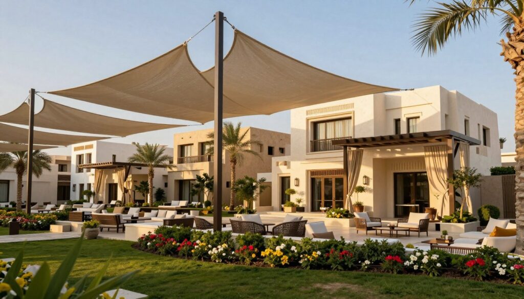 A stunning outdoor scene showcasing a variety of modern and elegant shade structures (مظلات) installed in luxurious Saudi villas and houses. In the foreground, focus on intricately designed, high-quality shade sails draped artistically over outdoor seating areas, providing cool respite. The middle ground features landscaped gardens with palm trees and blooming flowers, enhancing the aesthetic. In the background, showcase traditional Saudi architecture harmoniously blending with contemporary design elements. The lighting is warm and inviting, suggesting a late afternoon sun casting gentle shadows. Capture the atmosphere of relaxation and sophistication, with a slight breeze giving life to the shade structures. Ensure no people are present in the image. The composition should be vibrant, lively, and inspire a feeling of elegance and quality.