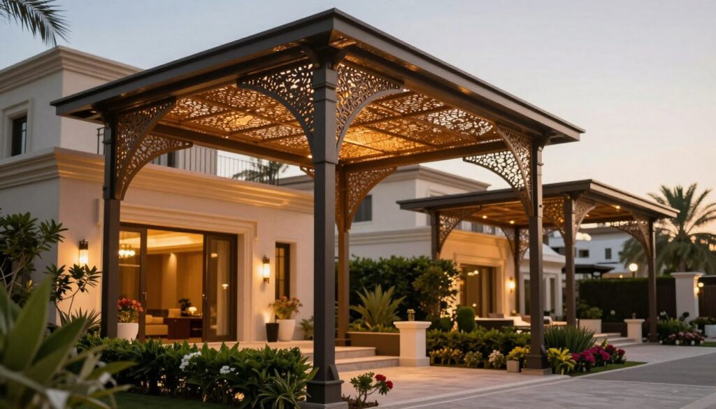 A stunning outdoor scene showcasing elegantly designed laser arch canopies in the upscale Al-Jawhara neighborhood of Dammam. In the foreground, a close-up of the intricate patterns and materials of the shade structures, displaying their high-quality craftsmanship and modern design. In the middle ground, the canopies gracefully arch over a luxurious villa, surrounded by lush greenery and flowering plants, providing a perfect blend of functionality and style. The background features softly lit residential buildings reflecting the evening glow, enhancing the serene atmosphere. Capture the scene in warm, golden hour lighting, using a shallow depth of field to highlight the canopies while keeping the surrounding details subtly blurred. Ensure the composition evokes sophistication and elegance, showcasing these exquisite shade solutions for Saudi homes.