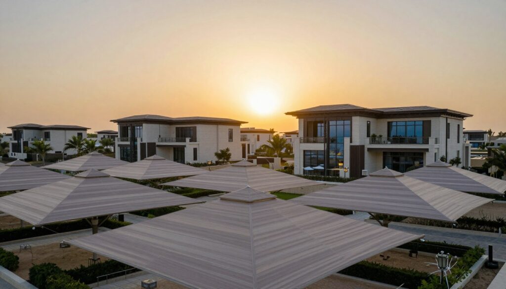 A stunning view of a row of elegant pyramid-shaped shade structures installed over luxurious villas in an upscale neighborhood. In the foreground, showcase the intricate design of the pyramidal umbrellas, emphasizing their smooth lines and modern materials. The middle ground features two stylish villas, reflecting contemporary Saudi architectural elements, surrounded by manicured gardens. In the background, a vibrant sunset casts a warm golden glow, enhancing the serene atmosphere of the scene. Soft diffused lighting highlights the unique textures of the shade structures and the villas. Capture the image from a slightly elevated angle to include more of the landscape and sky, creating a harmonious blend of architecture and nature. The overall mood should be tranquil and upscale, reflecting an innovative architectural touch. A stunning view of a row of elegant pyramid-shaped shade structures installed over luxurious villas in an upscale neighborhood. In the foreground, showcase the intricate design of the pyramidal umbrellas, emphasizing their smooth lines and modern materials. The middle ground features two stylish villas, reflecting contemporary Saudi architectural elements, surrounded by manicured gardens. In the background, a vibrant sunset casts a warm golden glow, enhancing the serene atmosphere of the scene. Soft diffused lighting highlights the unique textures of the shade structures and the villas. Capture the image from a slightly elevated angle to include more of the landscape and sky, creating a harmonious blend of architecture and nature. The overall mood should be tranquil and upscale, reflecting an innovative architectural touch.