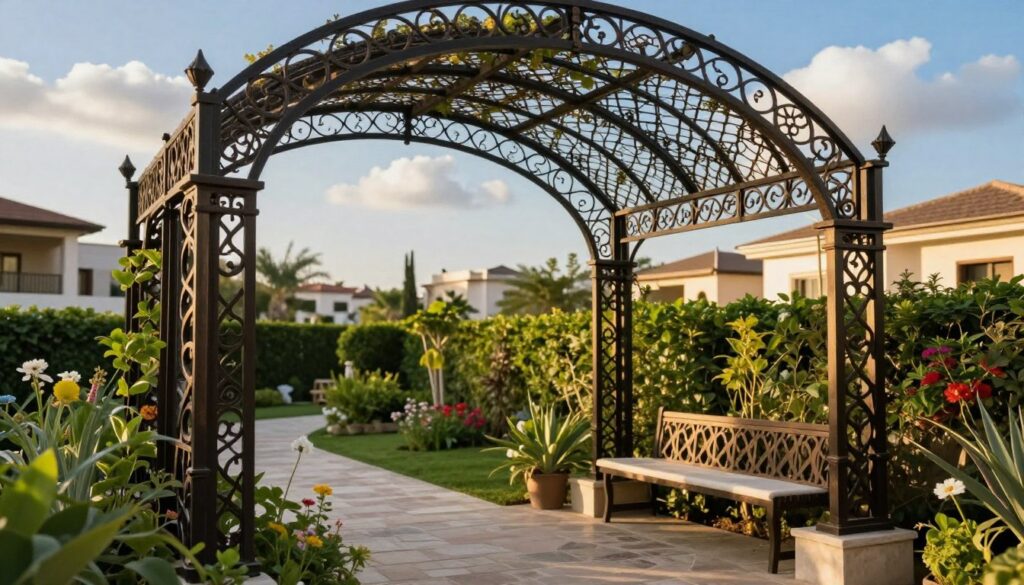 A stunning view of a wrought iron shade structure gracefully arching over a beautifully landscaped garden in Al Rawda neighborhood. In the foreground, intricate patterns of the ironwork are highlighted by golden sunlight, showcasing the craftsmanship and attention to detail. The middle ground features lush greenery, flowering plants, and a stone pathway that enhances the elegance of the scene. In the background, soft, blurred outlines of modern villas provide context, under a clear blue sky filled with a few fluffy clouds. Natural lighting creates a warm and inviting atmosphere while emphasizing the robust and refined design of the wrought iron shade. The perspective captures both the strength and aesthetic appeal of the shade structure, ideal for enhancing outdoor living spaces. A stunning view of a wrought iron shade structure gracefully arching over a beautifully landscaped garden in Al Rawda neighborhood. In the foreground, intricate patterns of the ironwork are highlighted by golden sunlight, showcasing the craftsmanship and attention to detail. The middle ground features lush greenery, flowering plants, and a stone pathway that enhances the elegance of the scene. In the background, soft, blurred outlines of modern villas provide context, under a clear blue sky filled with a few fluffy clouds. Natural lighting creates a warm and inviting atmosphere while emphasizing the robust and refined design of the wrought iron shade. The perspective captures both the strength and aesthetic appeal of the shade structure, ideal for enhancing outdoor living spaces.