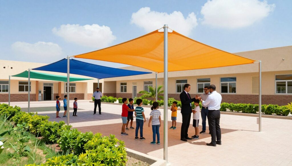 A sunny day in Al-Ahsa, showcasing a vibrant school environment with several custom car shades and outdoor canopies installed for safety and comfort. In the foreground, children in professional casual attire play beneath the large, colorful shade structures, while a team of professionals is carefully installing a new canopy, demonstrating expertise and teamwork. The middle ground features the sleek lines of the school building, surrounded by lush green gardens and well-maintained pathways. In the background, the blue sky is dotted with a few fluffy clouds, enhancing the warm and inviting atmosphere. The scene is captured with bright, natural lighting, emphasizing the protective features of the canopies, and a slight angle from above to highlight both the structures and the joy of the children below. The mood is cheerful and secure, reflecting the importance of shaded areas in educational settings.