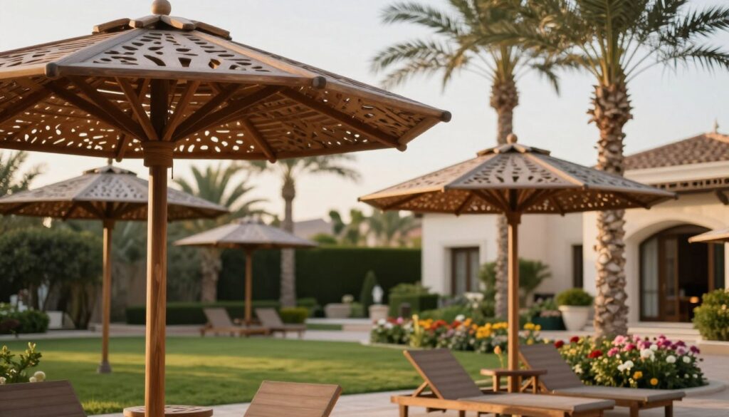 A tranquil garden setting showcasing elegant wooden garden umbrellas designed specifically for upscale villas in the Eastern Province. In the foreground, focus on intricately crafted wooden shade structures, each exhibiting unique artistic designs and soothing natural tones. In the middle, depict a beautifully landscaped area with manicured lawns and vibrant flower beds, subtly integrating the umbrellas into the aesthetic. The background features lush palm trees and a serene villa, hinting at the luxurious lifestyle of the region. Illuminate the scene with soft, warm lighting, capturing the gentle glow of a late afternoon sun, creating a peaceful atmosphere. Use a shallow depth of field to emphasize the umbrellas, while maintaining a crisp focus on the surroundings. The composition should evoke a sense of sophistication and tranquility, perfect for outdoor relaxation.