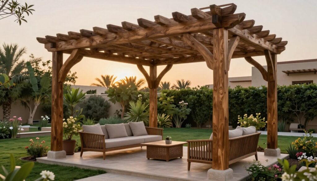 A tranquil outdoor scene featuring beautifully crafted natural wooden pergolas installed in a Saudi villa garden, surrounded by lush greenery and blooming flowers. The foreground showcases the intricate design of the pergola, highlighting its sturdy wooden beams and elegant curves, accented by soft natural light filtering through the overhead structure. In the middle ground, comfortable outdoor furniture, such as cozy chairs and a small table, invites relaxation under the shade. The background includes a landscaped garden with native plants and a serene sky at sunset, creating a warm and inviting atmosphere. The composition should evoke a sense of peace and harmony, ideal for enhancing the beauty of outdoor living spaces. Use soft, warm lighting to emphasize the natural wood tones and the inviting ambiance of the setting.