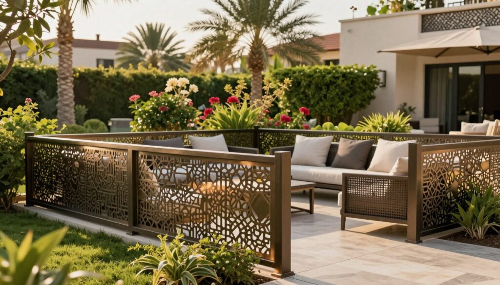 A tranquil outdoor setting featuring elegant metal garden screens, designed for privacy and protection in upscale Saudi villas. In the foreground, showcase intricately patterned metallic screens with a modern aesthetic, reflecting sunlight through their geometric cutouts. The middle ground includes stylish outdoor seating areas adorned with plush cushions and vibrant greenery, inviting relaxation. In the background, lush gardens with flowering plants and palm trees create a serene atmosphere, enhancing the luxury appeal. The scene is bathed in warm, golden hour sunlight, casting soft shadows and creating a peaceful ambiance. Capture this inviting scene from a slightly elevated angle to emphasize the harmony between the screens and the natural landscape, with a focus on texture and light.