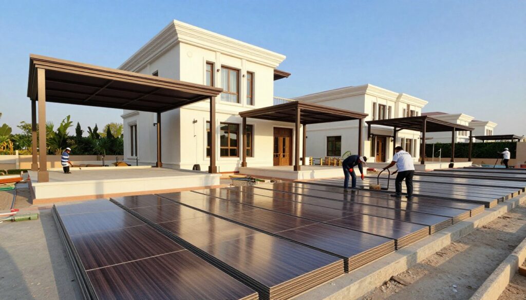 A vibrant and dynamic scene showcasing completed sandwich panel projects by the Eastern Shade and Barriers Company, highlighting custom shade structures installed for elegant Saudi villas and houses. In the foreground, neatly arranged sandwich panels reflect modern design, while skilled artisans, dressed in professional attire, work diligently on-site. The middle layer features a variety of shade structures, incorporating architectural elements that blend seamlessly with the surroundings. In the background, lush landscaping complements the installations, under a clear blue sky that illuminates the scene with warm sunlight. The atmosphere conveys professionalism and craftsmanship, emphasizing innovation in building solutions. The photograph is taken from a slightly elevated angle, capturing the full scope of the projects, with natural lighting enhancing the textures and colors of the sandwich panels.