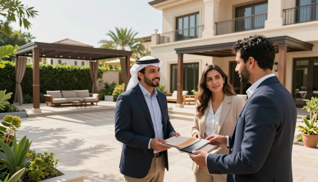 A vibrant and inviting scene showcasing a professional consultation for custom shade structures outside a modern Saudi villa. In the foreground, a friendly consultant in business attire engages with a couple, discussing design options while examining fabric samples. The middle ground features an elegantly designed patio adorned with various types of shade structures, emphasizing functionality and aesthetic appeal. The background displays lush greenery and the architectural beauty of the villa, bathed in warm, natural sunlight. The atmosphere is welcoming and professional, with soft shadows cast by the structures. Capture this consultation from a slightly elevated angle to provide a comprehensive view of the interaction and the stunning installation, evoking a sense of trust and professionalism.