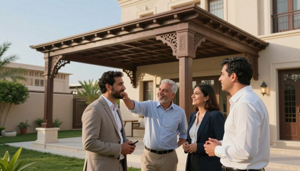 A vibrant and inviting scene showcasing satisfied customers interacting with a skillfully designed shade structure installed on a modern Saudi villa. In the foreground, depict a diverse group of three professionals in modest business attire examining the shade structure, pointing and smiling, reflecting their satisfaction. In the middle ground, display the custom shade structure itself, elegantly crafted with intricate designs, casting gentle shadows and providing a cooling ambiance. The background should show a beautifully landscaped courtyard with greenery and traditional architectural elements, under clear blue skies. Use warm, soft lighting to create a welcoming atmosphere, with a slightly elevated angle that captures the depth of the scene, emphasizing both the shade structure and the contented expressions of the clients.