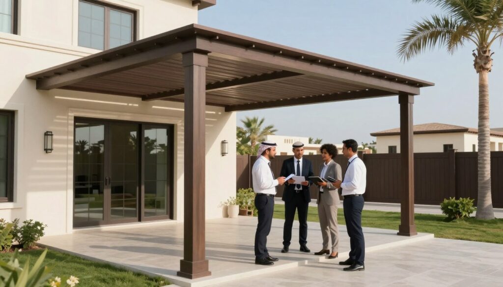 A vibrant and professional image showcasing successful case studies of custom shade structures installed in Saudi villas and houses in Dammam. In the foreground, depict a modern villa featuring an elegant, stylish shade structure providing protection against the sun. In the middle ground, a small team of professionals in business attire evaluate the structure with clipboards and tablets, highlighting professionalism and collaboration. The background features a scenic view of Dammam’s pleasant environment, including palm trees under a clear blue sky. Use soft, natural lighting to create an inviting atmosphere, emphasizing the harmony between innovative architecture and the local setting. Capture this scene from a slightly elevated angle to convey depth and context, focusing on the interplay of light and shadow on the structures.