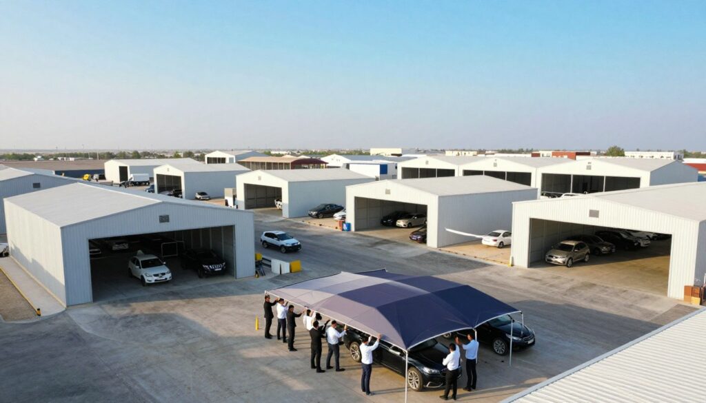 A vibrant, detailed image showcasing the diverse uses of industrial and commercial hangars in Jubail. In the foreground, depict a professional team in business attire installing custom car shades and outdoor canopies for upscale villas, demonstrating teamwork and precision. The middle ground features a variety of hangars—some serving as storage for vehicles, others functioning as workshops or commercial spaces. The background reveals a clear blue sky with soft, diffused sunlight illuminating the scene, creating an inviting atmosphere. Use a wide-angle lens effect to capture the full scale of the hangars and their surroundings, emphasizing their versatility. The overall mood should be professional, industrious, and dynamic. Ensure no text or watermarks are present in the image.