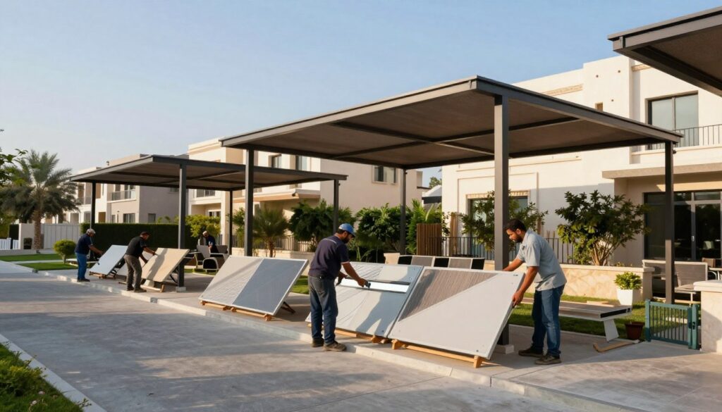 A vibrant outdoor scene depicting the professional installation of modern shade structures (سواتر) in a serene neighborhood in Al-Shat'a, Dammam. In the foreground, skilled workers dressed in professional attire are carefully assembling sleek, contemporary shade panels with elegant designs and diverse materials. The middle ground features several completed shade structures providing protection from the sun, enhancing the aesthetic of the surrounding villas. In the background, lush greenery and modern homes create a welcoming atmosphere under a clear blue sky, with soft, warm sunlight filtering through the structures, casting gentle shadows on the ground. The overall mood is professional and industrious, illustrating the importance and elegance of shade installation.