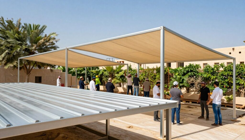 A vibrant outdoor scene showcasing a professional team installing a combination of metal and fabric canopies, also known as hangares, in a sunny setting. In the foreground, focus on a modern metal hangar partially completed, with sleek lines and a shiny surface. The middle section features workers clad in smart, casual attire, actively putting together a sturdy fabric awning nearby, displaying their teamwork and expertise. In the background, lush greenery and traditional Saudi architecture add to the ambiance, emphasizing the cultural context. The lighting is bright and warm, illustrating a clear blue sky. Capture this scene from a slightly elevated angle to encompass the depth of the installation process, showcasing both the structure and the skilled labor involved. The overall mood is one of professionalism and innovation in construction.