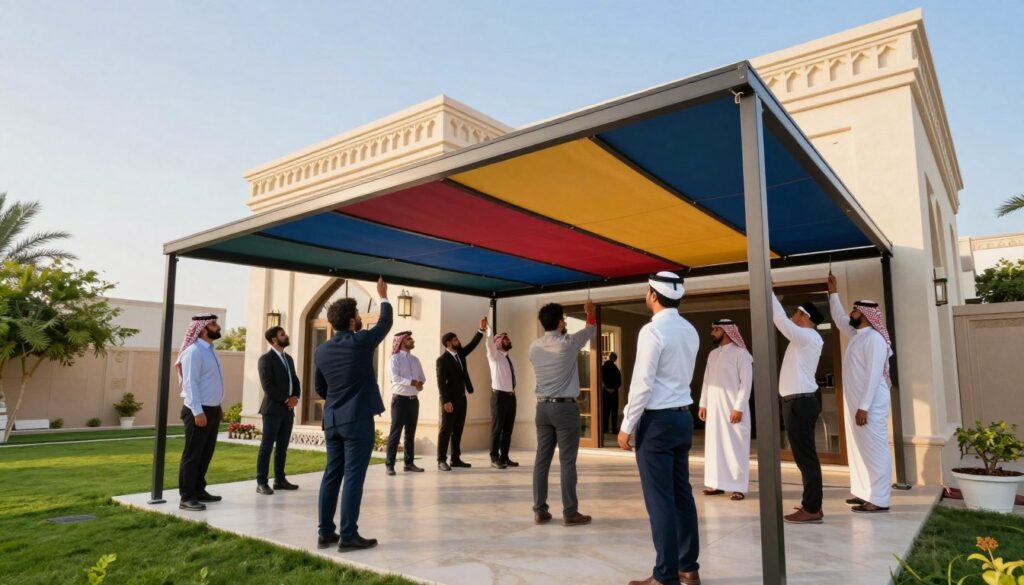 A vibrant outdoor scene showcasing a professional team installing custom car shades and outdoor canopies at a villa in Saudi Arabia. In the foreground, a diverse group of workers, dressed in professional business attire, is focused on assembling a large, colorful canopy. The team is interacting and collaborating, emphasizing teamwork and efficiency. In the middle ground, the elegant villa can be seen, with traditional Saudi architectural elements and lush landscaping. The background features a clear blue sky with soft, diffused sunlight creating a warm and inviting atmosphere. The image captures a sense of professionalism, innovation, and customer satisfaction as the team showcases their expertise in enhancing outdoor spaces. The angle is slightly elevated to provide a comprehensive view of the installation process.