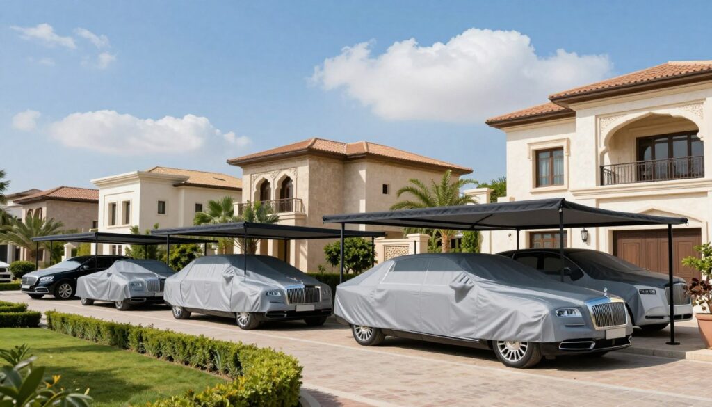 A vibrant outdoor scene showcasing elegantly installed car shades in a residential setting within a Saudi villa neighborhood. In the foreground, display several custom shade structures, each with unique designs, providing ample coverage for luxurious cars. The middle ground should feature classic Saudi villas with a blend of modern architecture and traditional elements, surrounded by greenery and well-manicured gardens. In the background, include a clear blue sky with soft, white clouds, emphasizing a bright, sunny day. Utilize natural lighting to highlight the textures and colors of the materials used in the shade structures, focusing on their professional installation. The overall mood should convey a sense of comfort and sophistication, showcasing the quality and functionality of the car shades.