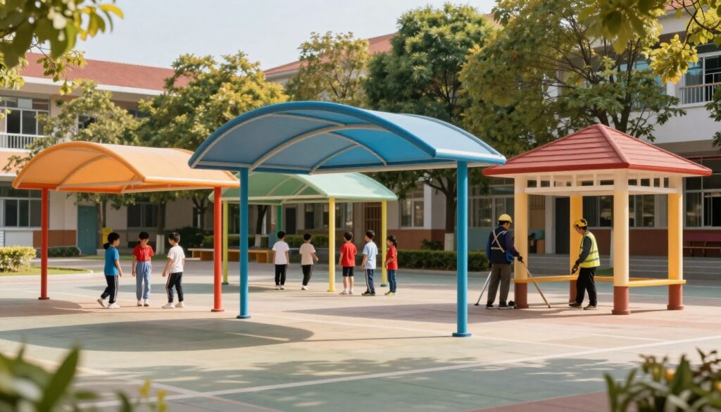 A vibrant outdoor scene showcasing various types of school canopies, specifically designed for schools. In the foreground, several colorful and modern shade structures with unique designs, such as arc-shaped canopies, retractable shades, and classic pavilion styles, are depicted, providing shelter for students. In the middle ground, a group of children in modest casual clothing plays beneath the canopies, while a professional team of installers works diligently, dressed in professional attire. The background features a sunny day in a schoolyard with trees and school buildings, enhancing the atmosphere of a lively educational environment. The lighting is bright and warm, casting soft shadows that accentuate the textures of the canopies. The image conveys a sense of safety, joy, and professionalism. A vibrant outdoor scene showcasing various types of school canopies, specifically designed for schools. In the foreground, several colorful and modern shade structures with unique designs, such as arc-shaped canopies, retractable shades, and classic pavilion styles, are depicted, providing shelter for students. In the middle ground, a group of children in modest casual clothing plays beneath the canopies, while a professional team of installers works diligently, dressed in professional attire. The background features a sunny day in a schoolyard with trees and school buildings, enhancing the atmosphere of a lively educational environment. The lighting is bright and warm, casting soft shadows that accentuate the textures of the canopies. The image conveys a sense of safety, joy, and professionalism.