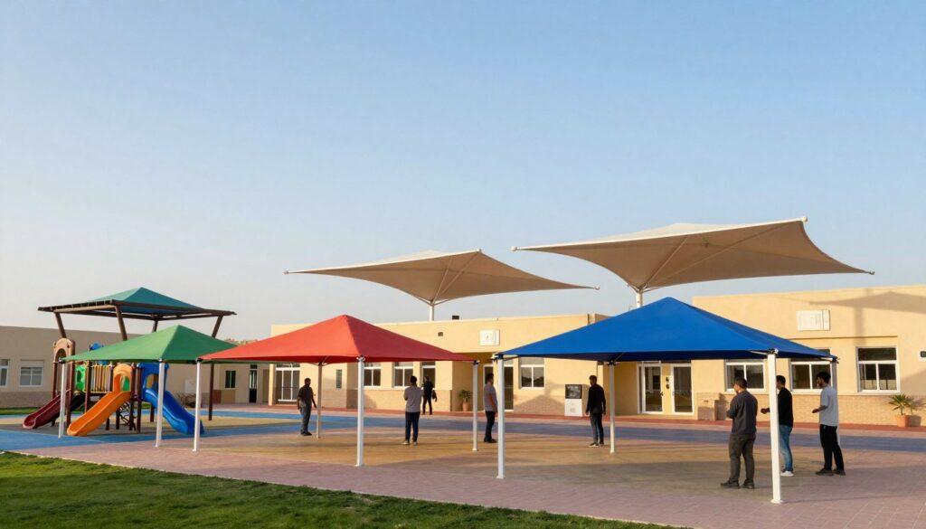 A vibrant outdoor school environment in Al Ahsa, showcasing a variety of innovative school shade designs. In the foreground, display a team of professional installers in modest casual clothing, expertly setting up colorful, safe canopies over playgrounds and outdoor areas. The middle layer should feature various styles of canopy structures such as fabric shades, pergolas, and retractable awnings, all reflecting contemporary design. The background includes a clear blue sky with soft sunlight illuminating the scene, creating a cheerful atmosphere. The composition should be captured with a wide-angle lens to encompass depth, highlighting the importance of safety in school environment design. Emphasize the mood of professionalism and care in providing safe outdoor spaces for education.