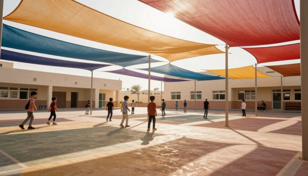 A vibrant outdoor school environment showcasing various fabric shades installed over play areas, designed for a school in Dammam. The foreground features a close-up of colorful fabrics fluttering in the gentle breeze, highlighting their durability and design. The middle ground includes children playing beneath the shades, clad in modest casual clothing, enjoying a sunny day. In the background, the school's building is visible, providing context to the setting. Soft, golden sunlight filters through the fabric, casting interesting shadows on the ground, creating a warm and inviting atmosphere. Use a wide-angle lens to capture the scene, emphasizing the spaciousness and the interaction between the structures and the shaded areas. The overall mood is cheerful and energetic, reflecting a lively school atmosphere.