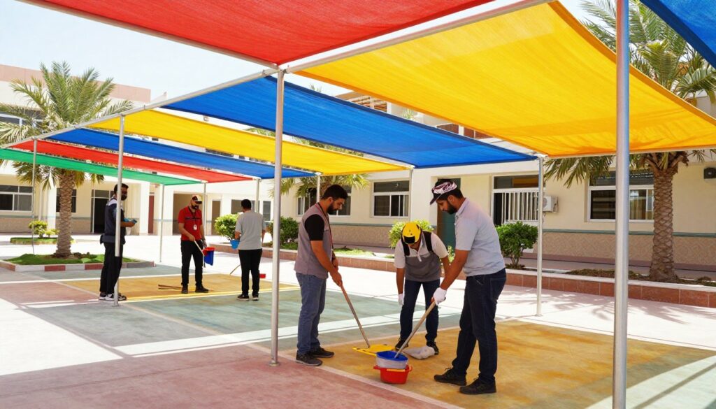 A vibrant scene depicting a professional team installing colorful school canopies in a sunny outdoor setting at a school in Al Khobar, Saudi Arabia. In the foreground, the team members, dressed in professional work attire, are engaging with various tools and materials, showcasing their expertise. The middle ground features several partially installed canopies in vivid colors, casting playful shadows on the ground. In the background, a modern school building with green landscaping complements the scene. Bright sunlight filters through the canopies, creating a cheerful and inviting atmosphere that emphasizes safety and comfort for students. The camera angle is slightly elevated, capturing the dynamic activity while highlighting the newly installed structures. A vibrant scene depicting a professional team installing colorful school canopies in a sunny outdoor setting at a school in Al Khobar, Saudi Arabia. In the foreground, the team members, dressed in professional work attire, are engaging with various tools and materials, showcasing their expertise. The middle ground features several partially installed canopies in vivid colors, casting playful shadows on the ground. In the background, a modern school building with green landscaping complements the scene. Bright sunlight filters through the canopies, creating a cheerful and inviting atmosphere that emphasizes safety and comfort for students. The camera angle is slightly elevated, capturing the dynamic activity while highlighting the newly installed structures.